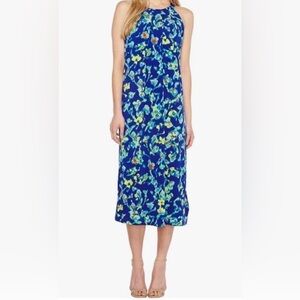 Ellen Tracy Blue Floral Midi Dress Sleeveless Halter Career Spring Summer Small